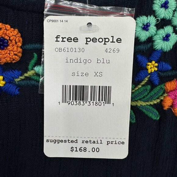Free People Floral Embroidered Tie Front Top XS Up & Away Relaxed Navy‎ Blue - Picture 6 of 10